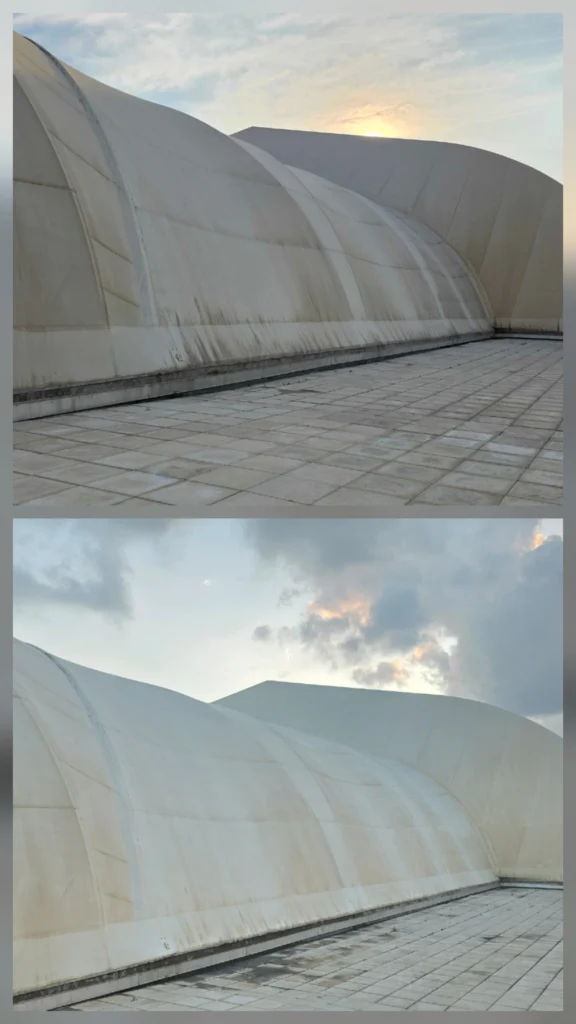 Before and after comparison of a PVC tarpaulin cleaned by DRONICLE, highlighting the transformation from dirty and stained to spotless and refreshed using advanced drone cleaning technology.