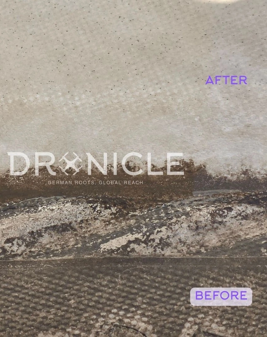 DRONICLE’s advanced drone technology in action: Close-up picture of a playground shade canopy before and after canopy drone cleaning, highlighting the eco-friendly removal of dirt and stains for a refreshed outdoor space.